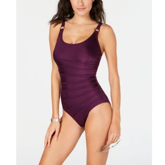 Calvin Klein Collection Other - NWT $108 Calvin Klein Swimwear Starburst Shiny Purple Eggplant Swimsuit Size 12
